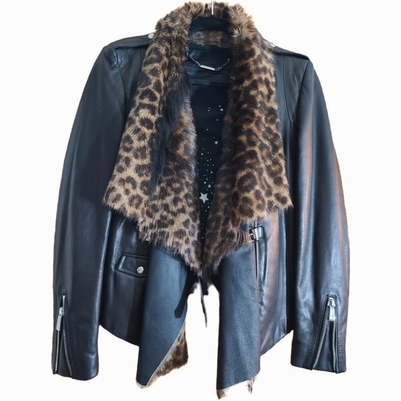 Barbara Bui 42 sz8-10 Black Leather Jacket w/ Leopard Shearling Fur - Picture 9 of 16